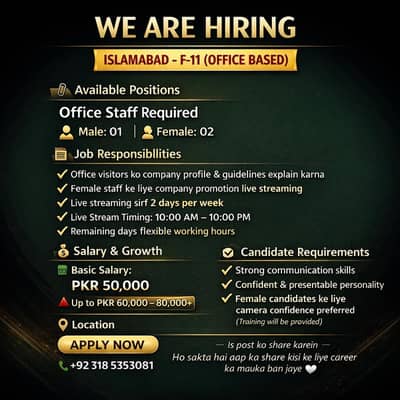 Office Job Available – Male/Female – F-11 Islamabad – 50,0