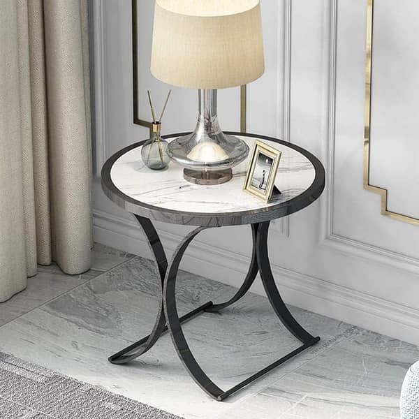 Elegant Round Modern Table Featuring a Luxurious Wooden Marble-Textured Top with Sturdy Metal Frame