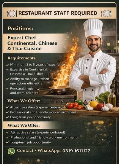Expert Chef – Continental, Chinese & Thai Cuisine