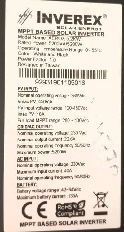 Inverex Aerox 5.2kW Hybrid Solar Inverter – Excellent Condition