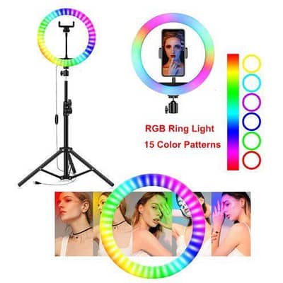 LED RGB Ring Light 7 Colors, 10-18 Inch with Mobile Holder & 7 Feet T