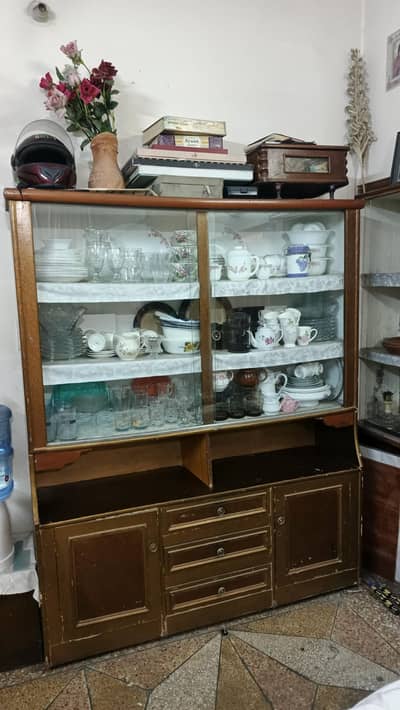 Large Wooden Crockery Showcase with Glass Doors
