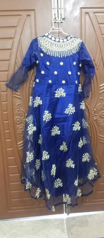 Elegant blue and green Embroidered Net Maxi – Party Wear