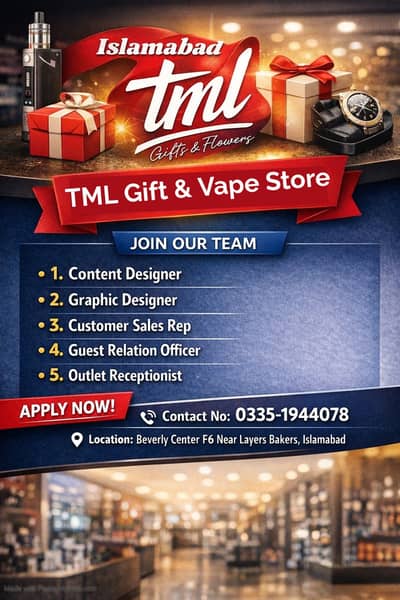 Hiring for Retail & Design Roles – TML Vap & Gift Store
