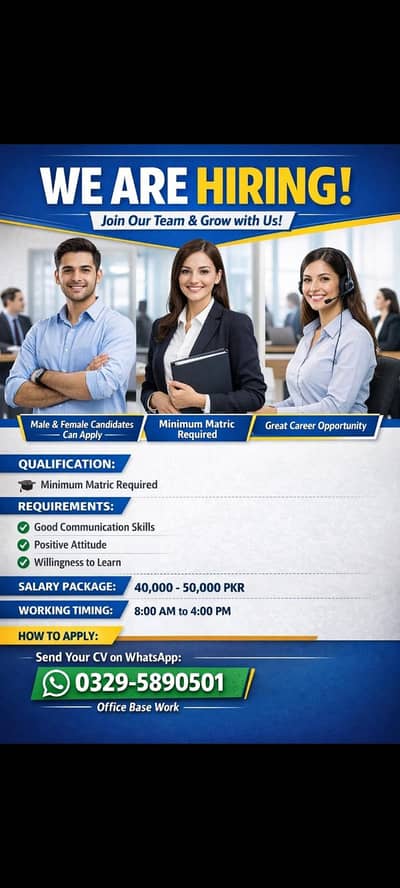 Career opportunity for male and female candidates (office work)
