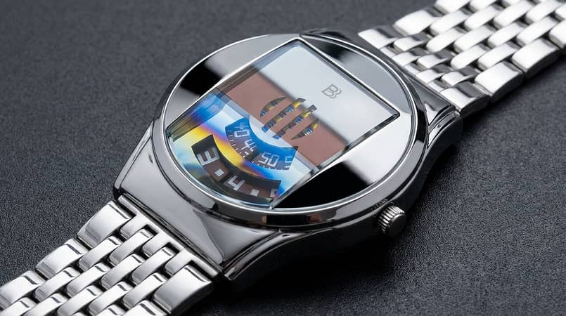 Cyber-Chic Geometric Watch for Men in Polished Silver Stainless Steel with Iridescent Dial