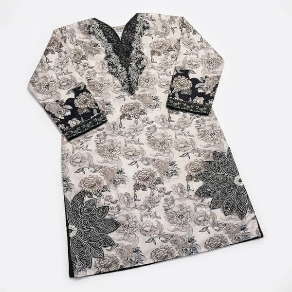 Premium Floral Print Cotton Kameez – Embroidered V-Neck with Lace and Cuffed Details