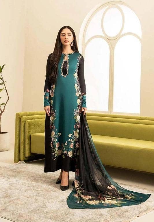Elegant 3pc Unstitched Silk Suit with Heavy Handwork and Digital Print