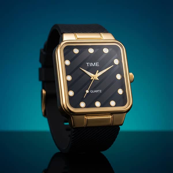 Luxury Men's Gold Square Quartz Watch with Black Dial and Diamond Accents