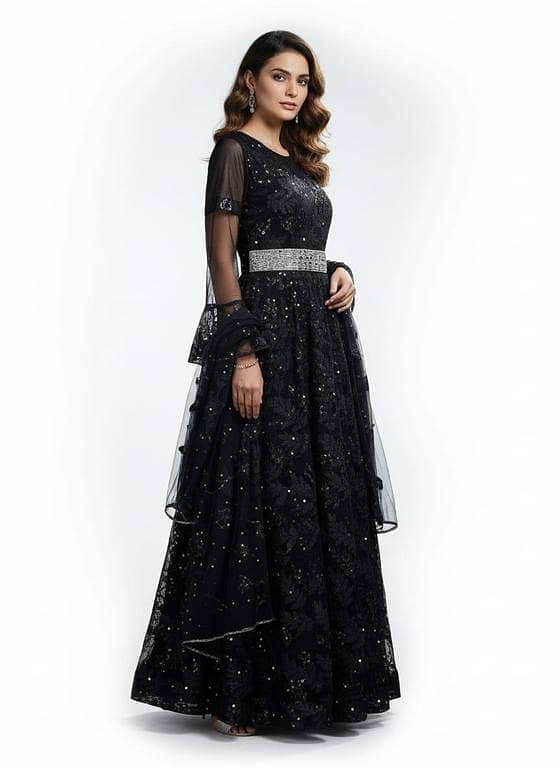 Black Embroidered Net Maxi Gown with Silver Embellished Waistband