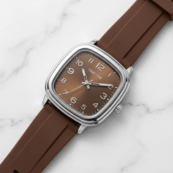 TIME ONE Luxury Square Dial Wristwatch for Men - Brown Sunray Dial, Premium Silicone Strap