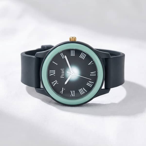 Pearl Minimalist Quartz Watch for Men and Women — Matte Charcoal with Mint Accent, silicone strap