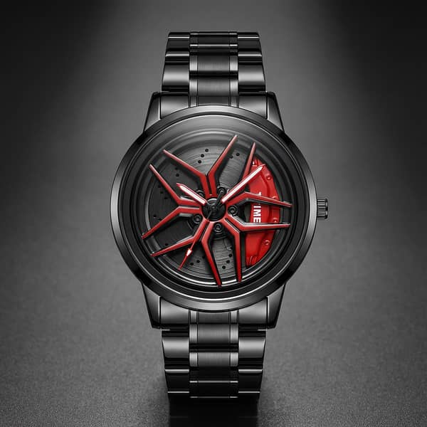 Luxury Black Stainless Steel Watch for Men | Mechanical Car Wheel Dial | Waterproof Quartz Sports Wristwatch – Gift
