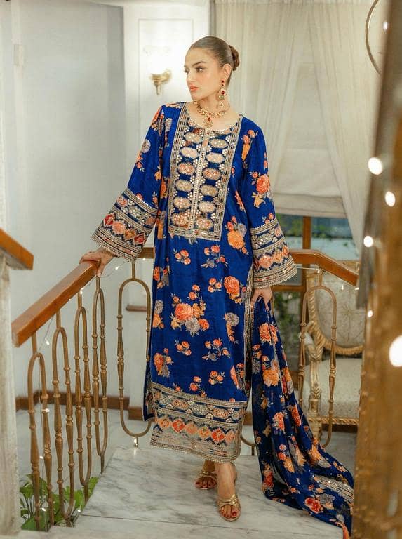 Premium Velvet 3-Piece Suit with Floral Print Kurta, Gota Work & Heavy Border – Winter Collection for Women