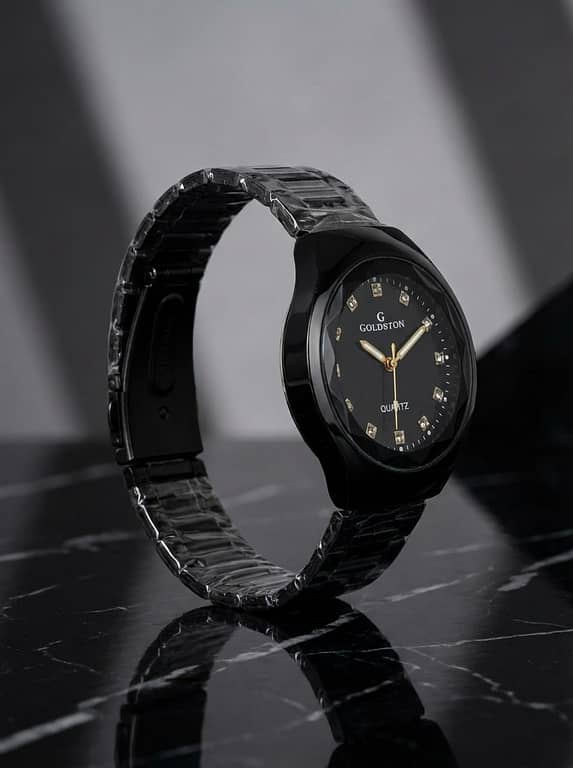 GOLDSTON Luxury Black Quartz Watch for Men with Faceted Glass, Diamond Dial Markers and Stainless Steel Chain