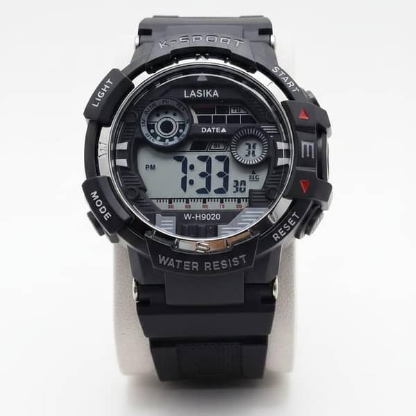 LASIKA W-H9020 Digital Sports Watch for Men with LED Backlight, Alarm, and Water-Resistant Black Rubber Strap