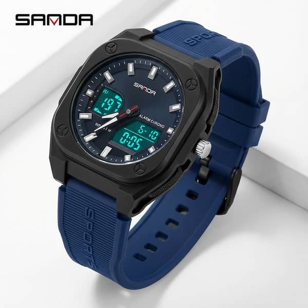 SANDA Fashion Square Case Sport Watch for Men – Luminous Hands, LED Backlight, 3ATM Water-Resistant Chronograph