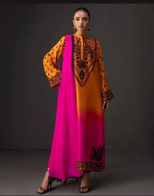 Elegant 2-Piece Stitched Embroidered Silk Dress for Women – Long Shirt and Trouser Set