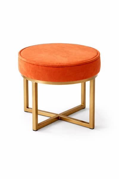 Modern Velvet Round Ottoman Stool with Gold Metal Base – Burnt Orange