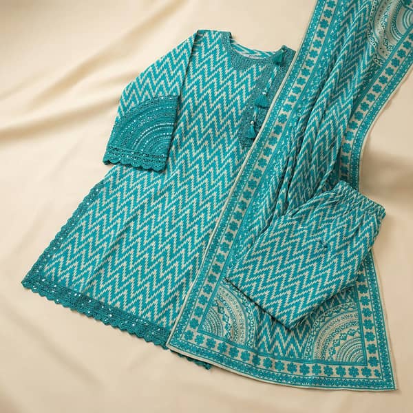 3-Piece Women’s Teal & White Printed cotton Suit – Embroidered Sleeves with Tassels & Scalloped Hem – Includes Dupatta & Trouser