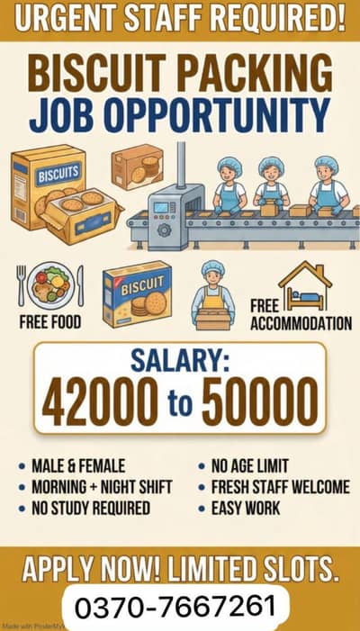Buiscuit packing job male female staff require jobs Lahore