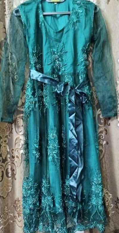 3 pieces net beaded embroidered  stitched frock