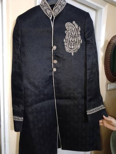Black Sherwani with silver and grey embroidery