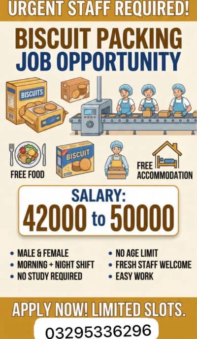 Buiscuit packing job available Urgent hiring jobs available male femal