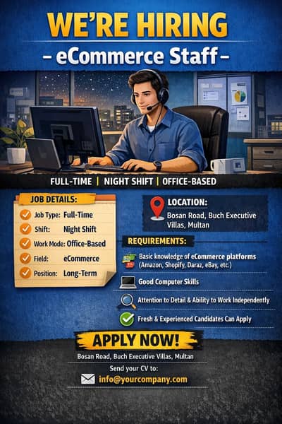 “We’re Hiring: eCommerce Staff | Full-Time Night Shift | Multan”