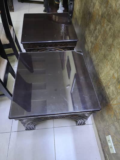 Chocolate Brown Wooden Centre Table with Glass Top + 2 Side Tables 