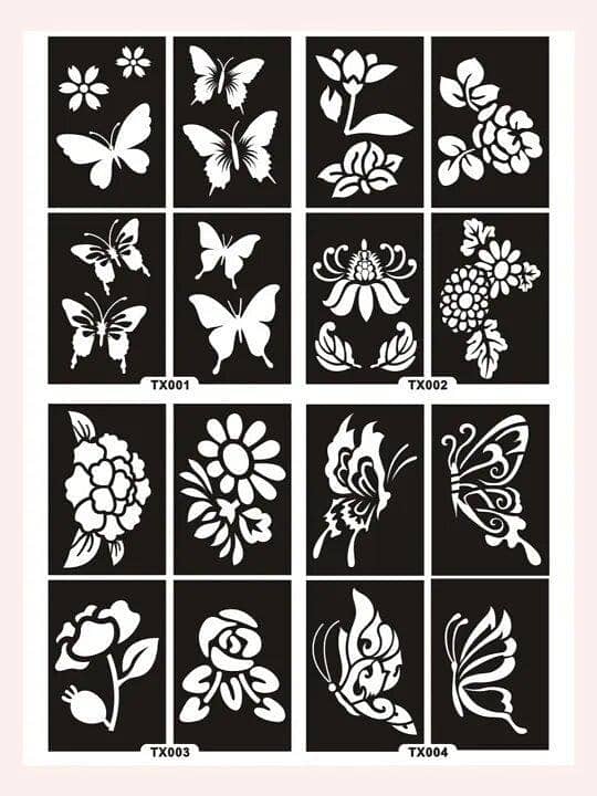Tattoo Stencil – Floral Pattern, 4 Sheets, Reusable Henna Stencils for Hand and Body Art