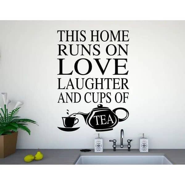 This Home Runs on Love, Laughter and Cups of Tea - Quote Wall Sticker for Kitchen and Decor, Self-Adhesive, 2 x 1.5 ft, Black