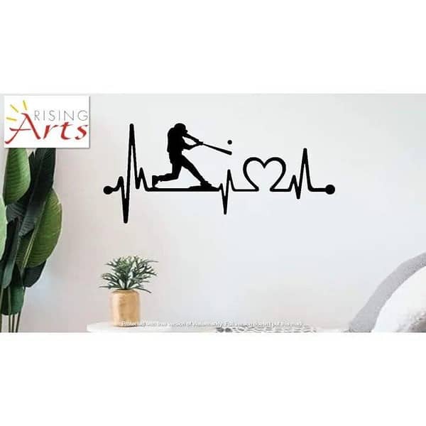 Rising Arts - Cricket Baseball Love Craze Heartbeat Sports Wall Sticker 2 x 1 ft, Black, Vinyl Self-Adhesive for Bedroom, Living Room, Gym, Club, Interior Decor