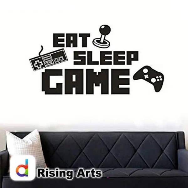 Size: 2 x 1 feet -Eat Sleep Game Wall Sticker Decal Special For Boys, Kid, Girls, Games home , room, gaming , decor , decoration Lover - Rising Arts- Black Color