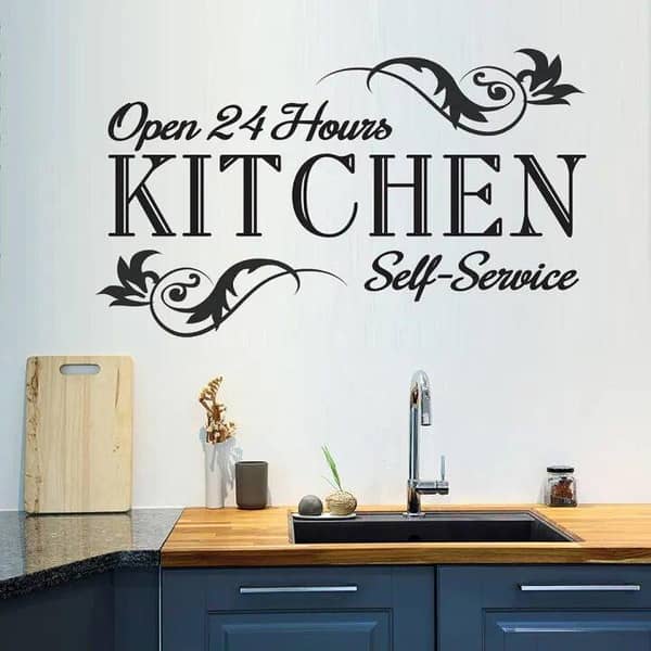 Size 12 x 6 inches Open 24 Hours Kitchen Self-Service Motivational Quote Wall Sticker for Home, Office, Cafe, Restaurant, and Decor