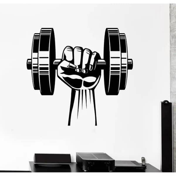SIZE: 1 x 1 Feet Dumbbell in Hand Wall Sticker – Black Vinyl Decor for Gym, Home, or Health Room