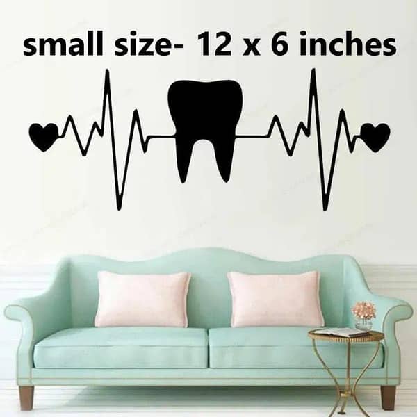 Size 12 x 6 inches: Tooth Love Heart Beat Wall Sticker in Black for Dental Clinics and Home
