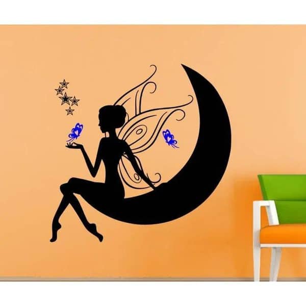 size- 1 x 1 feet Floral Fairy Angel On Moon Self-Adhesive Wall Stickers in Black with Garnet Accents