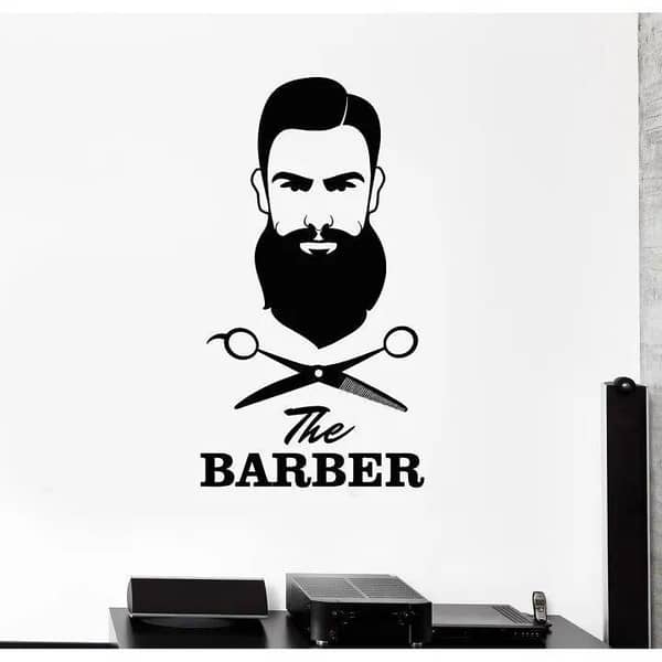 SIZE: 2 x 1 Feet - Barber Shop Handsome Man With Beard Self-Adhesive Wall Sticker, Black
