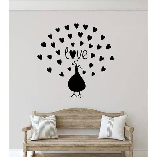 Size: 1 x 1 Feet Peacock Love Hearts Floral Self-Adhesive Wall Stickers in Black