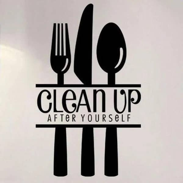 Rising Arts size: 2 x 1 feet wall decal - black vinyl spoon and fork cleanup kitchen quote for home, restaurant, cafe, cabinets