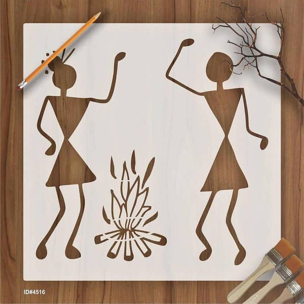 Warli Couple Near the Bornfire Stencil Wall Painting Scrapbooking Stamping Embossing Album Paper Card Template ID#4156