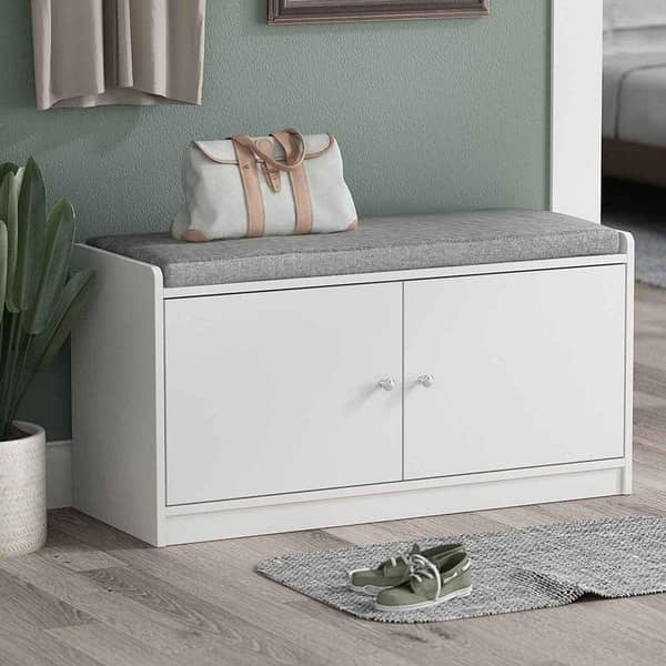 Toheed Wood Shoe Bench: 2-Door, 4-Cube Storage Bench with Thick Cushion Seat