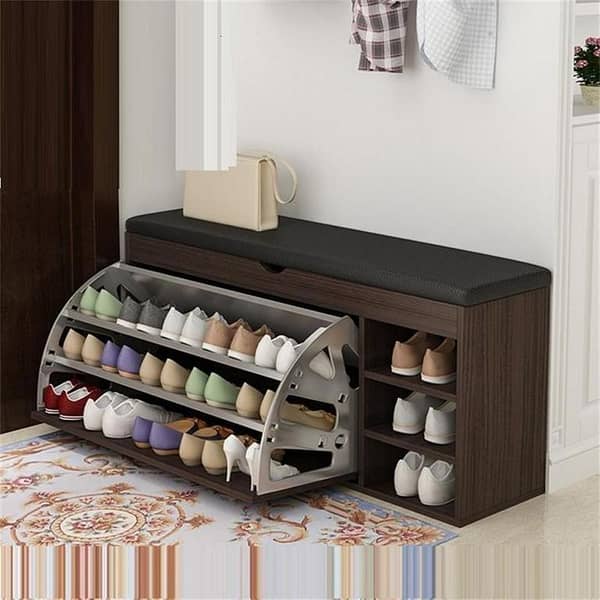Flip-Drawer Shoe Storage Bench, Wooden Shoe Rack Pull Down Shoe Storage Cabinet Stand Shoe Rack Organizer