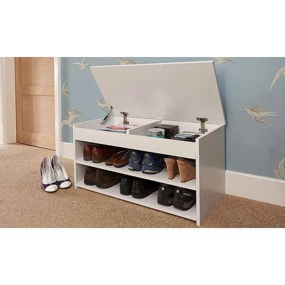 Shoes storage rack with built-in seating by Toheed Wood