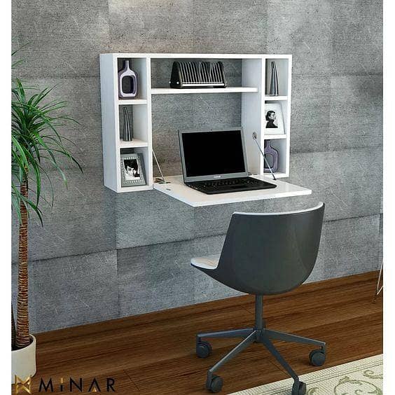 folding wall mounted desk with display shelves