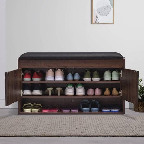 Toheed Wood Shoe Bench: 2-Door Storage Bench with Cushioned Seat and Thickened Cushion