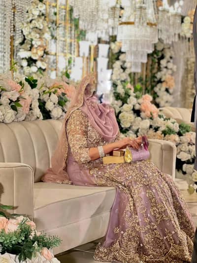 Elegant mauve gold heavy embroidered bridal maxi with finishing dupata