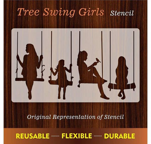 Tree Swing Girls Reusable Stencil for Canvas and Wall Painting, ID #309