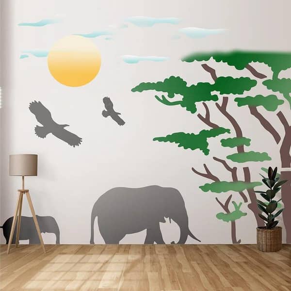 Elephant and Tree Reusable Stencil for Canvas and Wall Painting (ID #349)